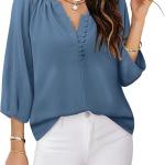 Womens Blouses Dressy Casual V Neck 3/4 Sleeve Tops Fashion Boho Chiffon Button Down Shirts.