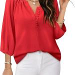Womens Blouses Dressy Casual V Neck 3/4 Sleeve Tops Fashion Boho Chiffon Button Down Shirts.