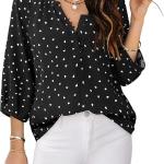 Womens Blouses Dressy Casual V Neck 3/4 Sleeve Tops Fashion Boho Chiffon Button Down Shirts.
