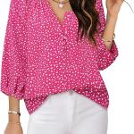 Womens Blouses Dressy Casual V Neck 3/4 Sleeve Tops Fashion Boho Chiffon Button Down Shirts.