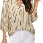 Womens Blouses Dressy Casual V Neck 3/4 Sleeve Tops Fashion Boho Chiffon Button Down Shirts.