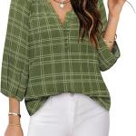 Womens Blouses Dressy Casual V Neck 3/4 Sleeve Tops Fashion Boho Chiffon Button Down Shirts.