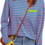 LILLUSORY Womens Striped Soft Knit Pullover Sweater Loose Fit Shirts with Chest Pocket.