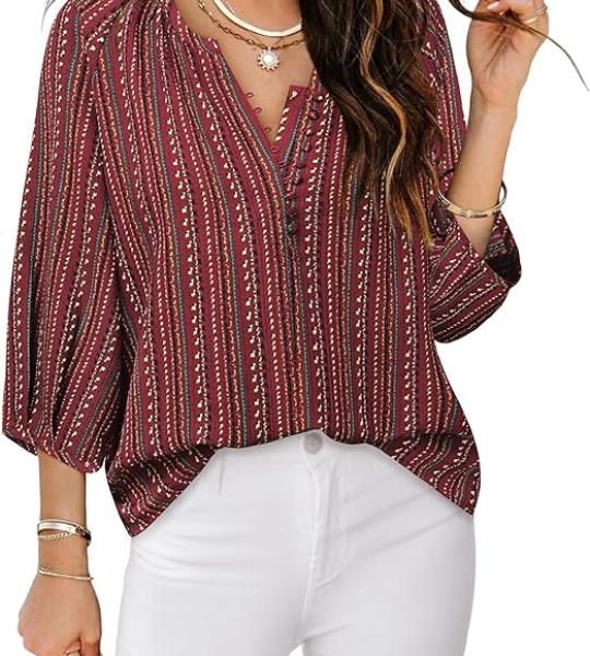 Womens Blouses Dressy Casual V Neck 3/4 Sleeve Tops Fashion Boho Chiffon Button Down Shirts.