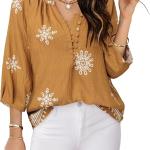 Womens Blouses Dressy Casual V Neck 3/4 Sleeve Tops Fashion Boho Chiffon Button Down Shirts.