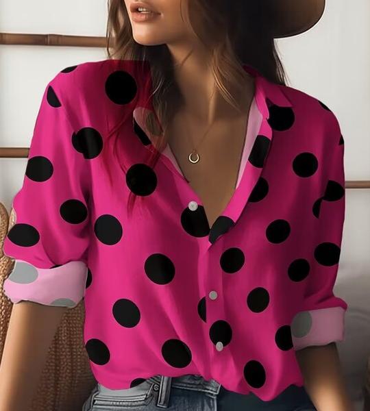 New Autumn Women's Long Sleeved Shirt with Black Polka Dot Print Pattern on a Red Background, Machine Washable Women's Top, Fashionable and Popular Lapel Shirt.