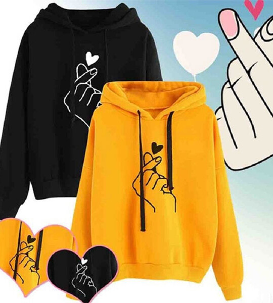 Women Hoodies Casual Kpop Finger Heart Love Pattern Hooded Sweatshirts Fashion Drawstring Long Sleeve.