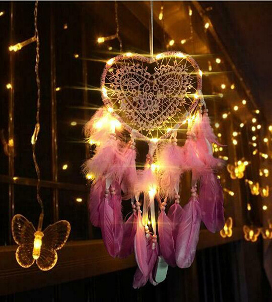 Heart Shape Pendant Feathers Handmade Night Light Wall Hanging Home Decor.
