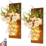 Rustic Wall Sconces Mason Jar Sconces Handmade Wall Art Hanging Design with Remote Control LED Fairy Lights and White Peony
