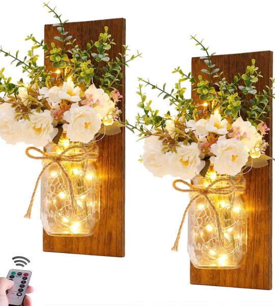Rustic Wall Sconces Mason Jar Sconces Handmade Wall Art Hanging Design with Remote Control LED Fairy Lights and White Peony