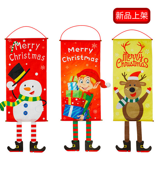 Christmas flag elf snowman cloth hanging scroll cartoon canvas window wall decoration.