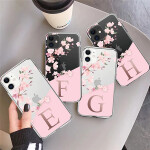 A To Z Pink Flowers Phone Case For iPhone 12 11 Pro Max XS Max 7 8 Plus X XR Alphabet Transparent Soft Cover.