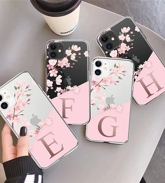 A To Z Pink Flowers Phone Case For iPhone 12 11 Pro Max XS Max 7 8 Plus X XR Alphabet Transparent Soft Cover.