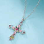 Purple Pink Crystal Religious Gothic Cross Pendant Necklace For Women