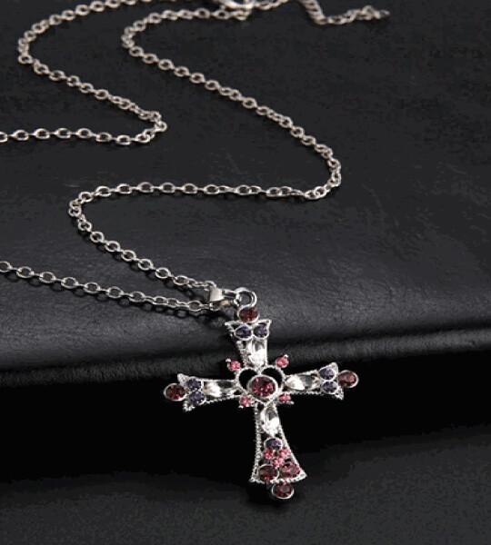 Purple Pink Crystal Religious Gothic Cross Pendant Necklace For Women