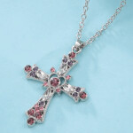 Purple Pink Crystal Religious Gothic Cross Pendant Necklace For Women