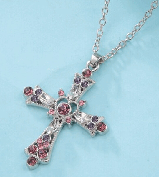 Purple Pink Crystal Religious Gothic Cross Pendant Necklace For Women