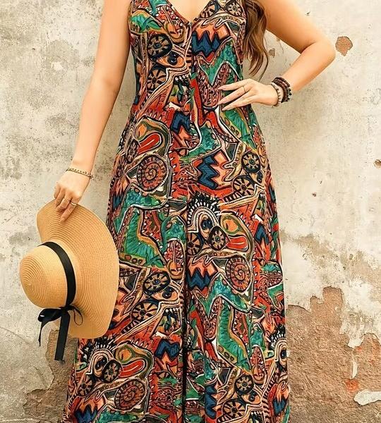 Plus Size Elegant V-Neck Paisley Print Jumpsuit | Stretchy, Machine-Washable Midi with Side Zipper.