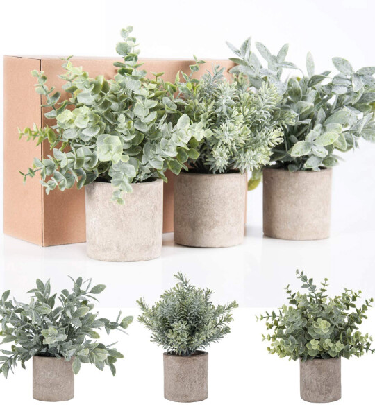 Mini Potted Fake Plants Artificial Plastic Eucalyptus Plants for Home Office Desk Room Decoration