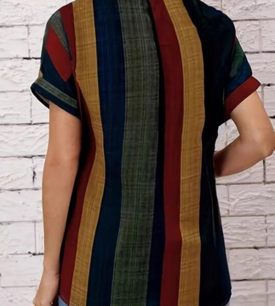 Elegant Women's V-Neck Striped Shirt with Chest Pockets - Multi-Color Horizontal Stripes, Button-Up Blouse,  All-Season Versatile Top for Casual & Professional Wear.