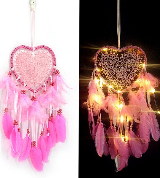 Heart Shape Pendant Feathers Handmade Night Light Wall Hanging Home Decor.
