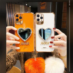 Love Heart Mirror Hairball Phone Case For Iphone 13 12 11 Pro Max 7 Plus X XR Fashion Glitter Soft Silicone Cover.