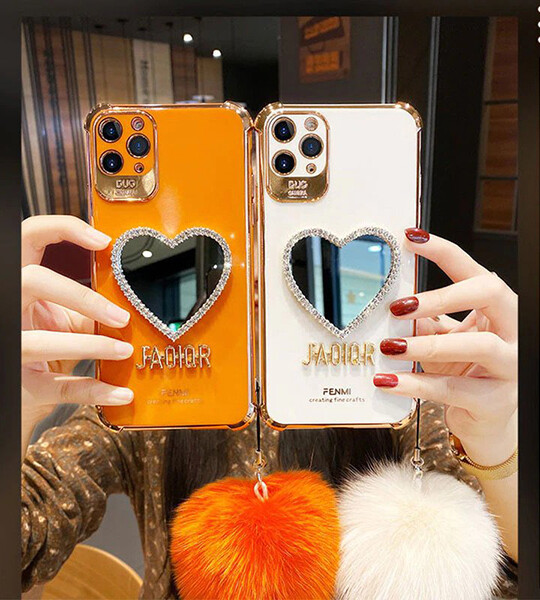 Love Heart Mirror Hairball Phone Case For Iphone 13 12 11 Pro Max 7 Plus X XR Fashion Glitter Soft Silicone Cover.