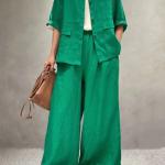 Solid Color Linen Suit Half Sleeve Shirt Casual Pants.