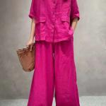 Solid Color Linen Suit Half Sleeve Shirt Casual Pants.