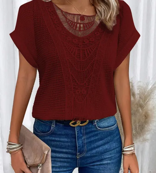 Summer Hollow Out Short-sleeved T-shirt Fashion Ethnic Style Tops Women's Clothing.