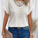 Summer Hollow Out Short-sleeved T-shirt Fashion Ethnic Style Tops Women's Clothing.