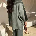 Casual Polyester Pocket Shirt Pants Suitable For Women's Wide Leg Pants, Long Sleeved Shirt Set, Women's Loose High Street Two-piece Set.