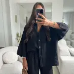 Casual Polyester Pocket Shirt Pants Suitable For Women's Wide Leg Pants, Long Sleeved Shirt Set, Women's Loose High Street Two-piece Set.