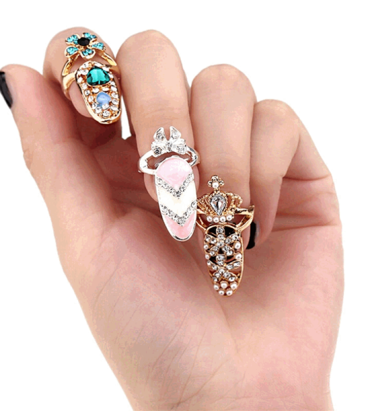 Rhinestone Fingernail Protective Fashion Jewelry Bowknot Crown Nail Ring For Women