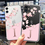 A To Z Pink Flowers Phone Case For iPhone 12 11 Pro Max XS Max 7 8 Plus X XR Alphabet Transparent Soft Cover.