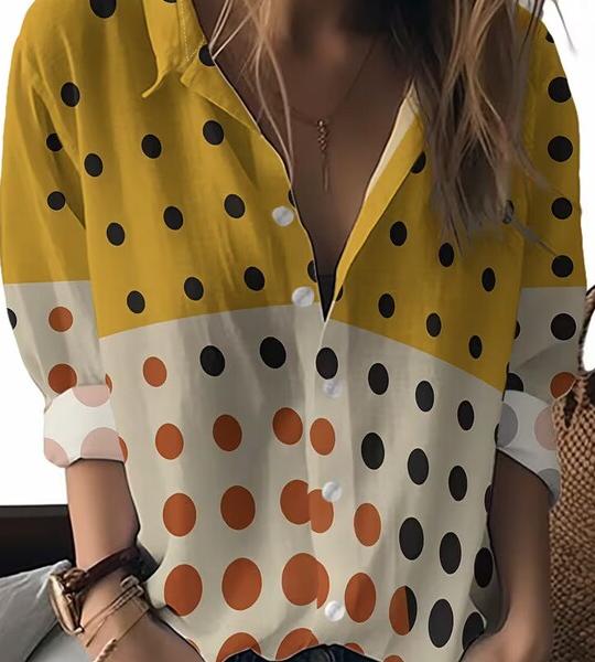 Women's Printed Long-Sleeve Button-Down Shirt | Yellow & Black Polka Dot + Beige & Orange Polka Dot | Turn-Down Collar | 100% Polyester | Machine Washable.