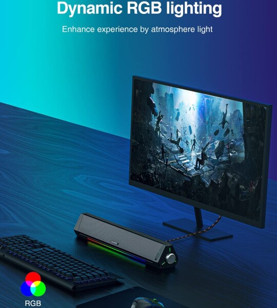 Computer Speakers, Dynamic RGB Computer Sound Bar, HiFi Stereo Bluetooth 5.0 & 3.5mm Aux-in Connection, USB Powered Comp