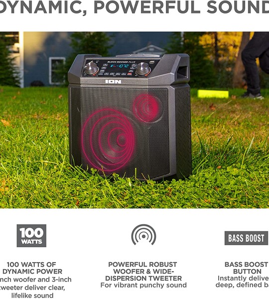 ION Audio Block Rocker Plus - Portable Bluetooth Speaker 100W W/Battery, Karaoke Microphone, AM FM Radio, Wheels & Teles
