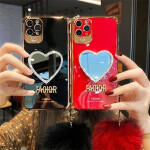 Love Heart Mirror Hairball Phone Case For Iphone 13 12 11 Pro Max 7 Plus X XR Fashion Glitter Soft Silicone Cover.