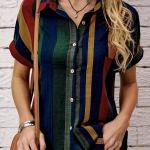 Elegant Women's V-Neck Striped Shirt with Chest Pockets - Multi-Color Horizontal Stripes, Button-Up Blouse,  All-Season Versatile Top for Casual & Professional Wear.