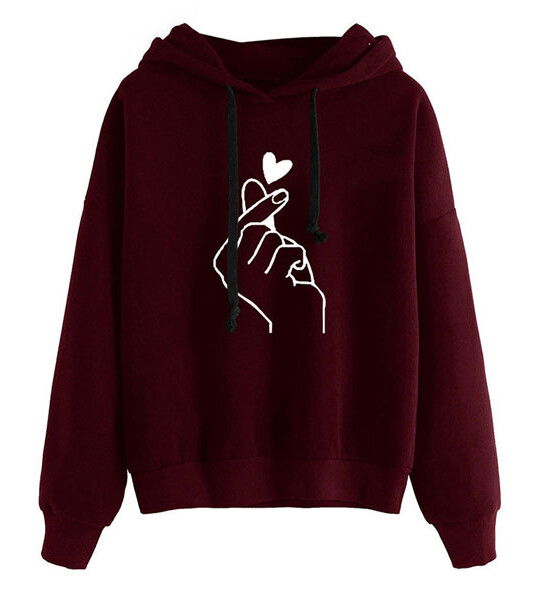 Women Hoodies Casual Kpop Finger Heart Love Pattern Hooded Sweatshirts Fashion Drawstring Long Sleeve.