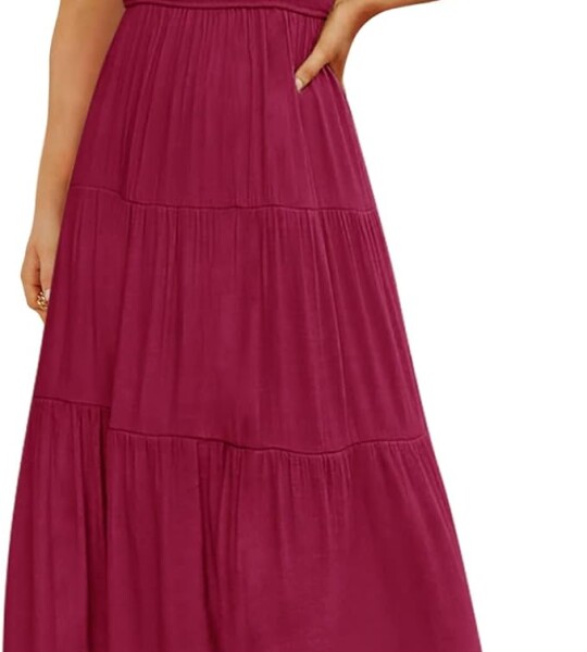 Summer Casual Flutter Short Sleeve Crew Neck Smocked Elastic Waist Tiered Midi Dress.