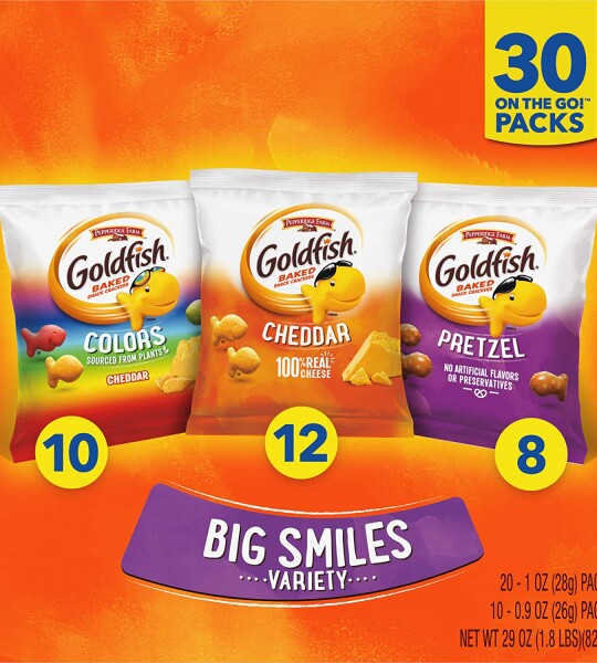 Pepperidge Farm Goldfish Crackers Big Smiles with Cheddar, Colors, and Pretzel Crackers, Snack Packs, 30 Count Variety P