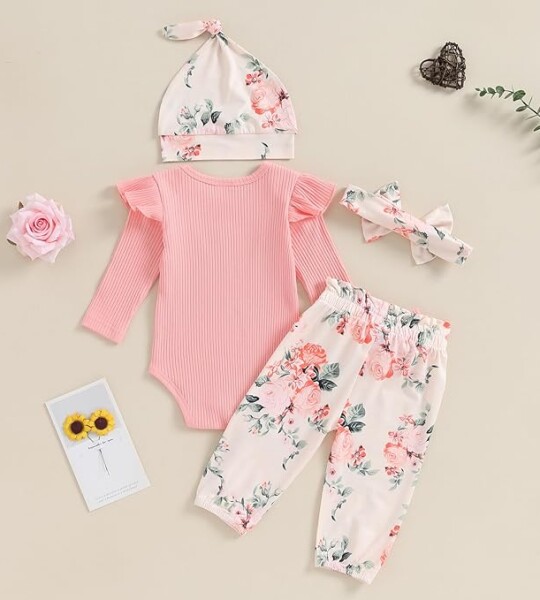 Newborn Baby Girl Coming Home Outfit Rib Knit Onesie Romper Floral Shorts Pants Headband Newborn Girl Clothes.