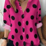 New Autumn Women's Long Sleeved Shirt with Black Polka Dot Print Pattern on a Red Background, Machine Washable Women's Top, Fashionable and Popular Lapel Shirt.