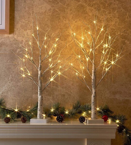 Set of 2 2FT 24LT Birch Tree Battery Powered Warm White LED for Home Decoration, Wedding