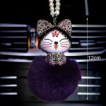 Car Pendant Cute Lovely Cat Rhinestone Cartoon Plush Fur Ball  Hanging Ornaments Accessories Decor