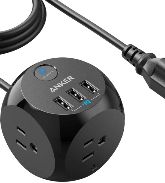 Anker Power Strip with USB, 5 ft Extension Cord, 321 Power Strip with 3 Outlets and 3 USB Ports, Charging Station.