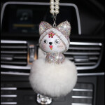 Car Pendant Cute Lovely Cat Rhinestone Cartoon Plush Fur Ball  Hanging Ornaments Accessories Decor