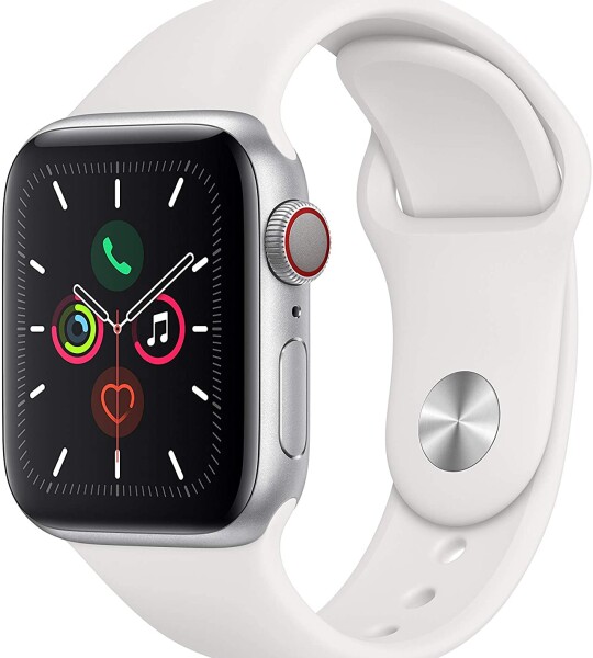 Apple Watch Series 5 (GPS + Cellular, 40MM) - Silver Aluminum Case with White Sport Band (Renewed)